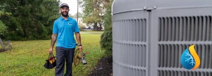 HVAC technician carrying tools walking beside an outdoor air conditioning unit on a lawn.