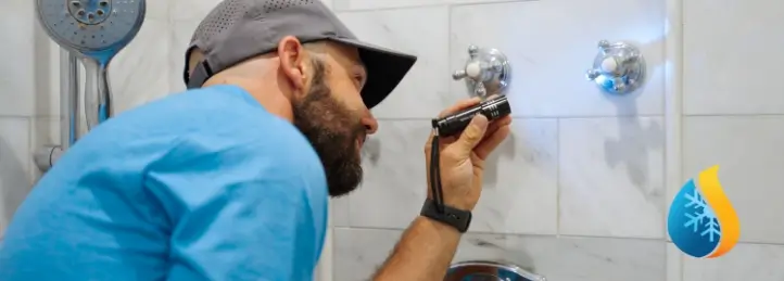 Plumber inspecting shower valve with a flashlight during bathroom plumbing repair.
