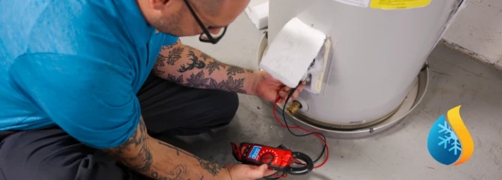 Technician testing a residential water heater with a digital clamp meter during maintenance service.