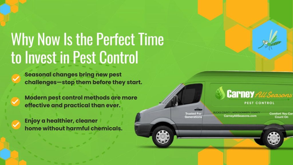 This is an image of a Carney All Seasons pest control truck with the the text Why now is the perfect time to invest in pest control. 