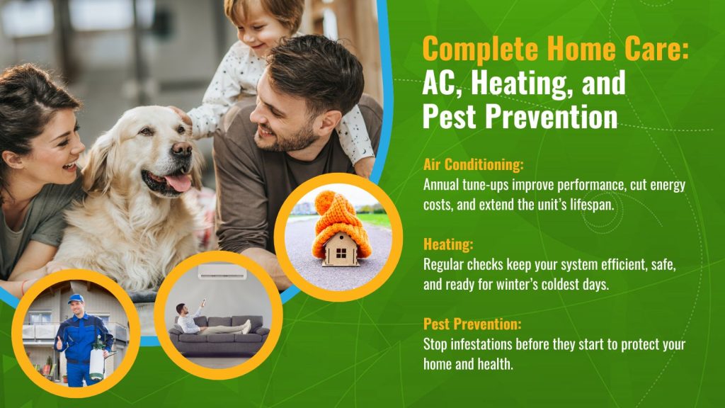 This is an image of a family and their dog enjoying life in their comfortable, pest free home. The headline reads; Complete Home Care: AC, Heating, and Pest Prevention.